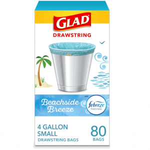 Glad Odorshield Small Drawstring Trash Bags, 4 Gal, Febreze Beachside Breeze, 80 Ct @ Amazon