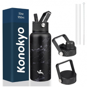 Konokyo 32 oz Insulated Water Bottle Stainless Steel Sport Bottles with 3 Lids,Marble Midnight