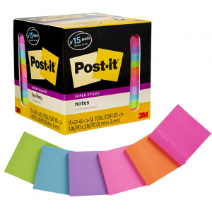 Post-it Super Sticky Notes, Assorted Bright Colors, 3x3 in, 15 Pads/Pack, 45 Sheets/Pad @ Amazon