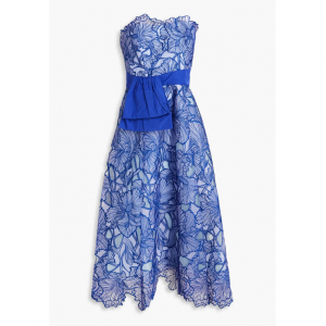 MARCHESA NOTTE Strapless taffeta-paneled embroidered tulle midi dress