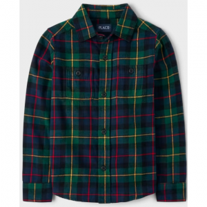 男孩同款家庭格子法兰绒纽扣衬衫 - 绿色