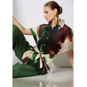 NATORI Amalfi Printed Cotton Poplin Kimono Wrap Shirt