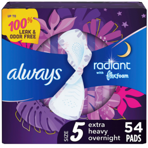 Always Radiant Overnight Feminine Pads for Women, Size 5 Extra Heavy Nighttime, 54 ct @ Amazon