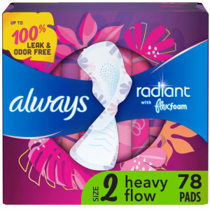 Always Radiant Feminine Pads For Women, Size 2, 26 Count x 3 Packs (78 Count total) @ Amazon