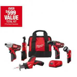 Milwaukee M12 12V 锂离子无绳组合套件（5 件工具），带两节 1.5 Ah 电池、充电器、包