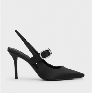 Charles & Keith Satin Crystal-Embellished Slingback Mary Jane Pumps - Black Textured
