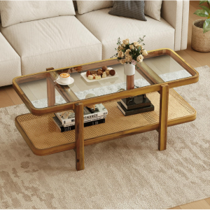 Giantex 藤製咖啡桌，47.5 英寸長方形實木茶幾帶鋼化玻璃桌麵