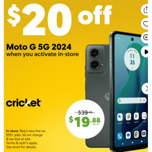 Walmart - Cricket網絡運營 + Moto G 5G 2024智能手, 128GB, 直降$40  