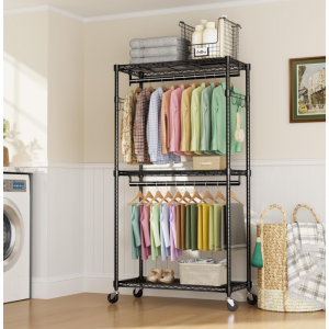 Sweetcrispy Medium Rolling Clothes Rack, Heavy Duty Garment Racks 3 Tiers @ Amazon