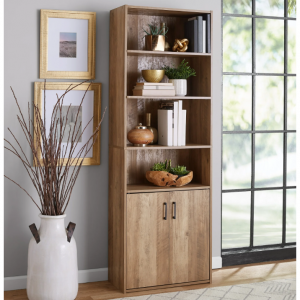 Mainstays Traditional 5 Shelf Bookcase with Doors, Weathered Oak Finish @ Walmart