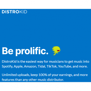 DistroKidの年間わずか22.99ドル、音楽配信代行サービス、楽曲の配信数は無制限。収益は100％還元。