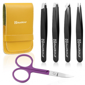 HAWATOUR Tweezers Set, 4Pcs Eyebrows Tweezers & 1Pc Scissor with Leather Case @ Amazon