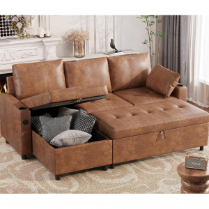 YODOLLA Faux Leather L-Shaped Sleeper Sofa, Pullout Bed, USB & Storage, Brown