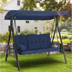 AECOJOY 带可调节顶篷的 3 座门廊秋千，蓝色