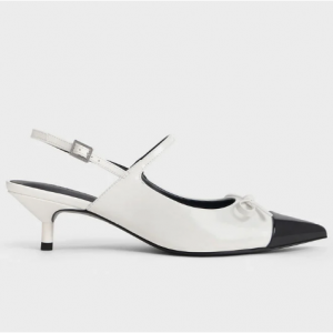 27% Off Bow Cap-Toe Kitten-Heel Slingback Pumps - White @ Charles & Keith CA