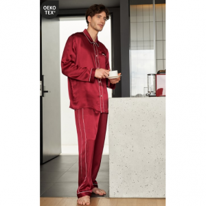 シルク パジャマ メンズ 格好いい パイピング付き 長袖 寝間着