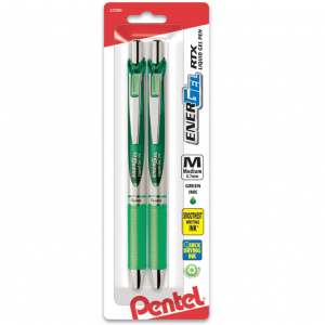 Pentel EnerGel RTX Retractable Liquid Gel Pen, (0.7mm), Medium Line, Metal Tip, Green Ink, 2 count