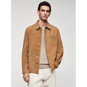 Mango Suede leather overshirt with pocket