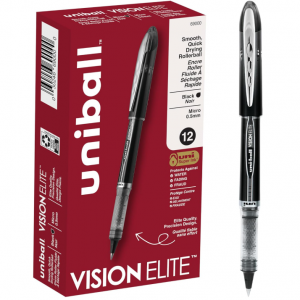 uni-ball Vision Elite Rollerball Pens Fine Point Micro Tip, 0.5mm, Black, 12 Pack @ Amazon
