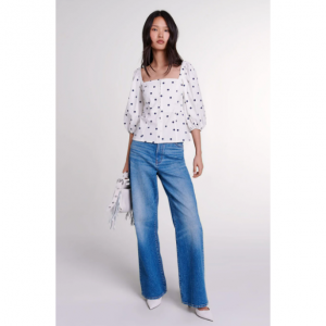 波点泡泡袖上衣