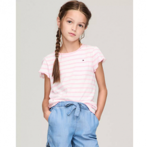 Tommy Hilfiger 女童条纹荷叶边袖T恤