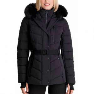 MICHAEL KORS scuba quilted belted coat jacket with fur hood in black