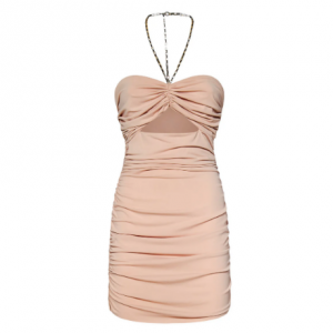 Amen 裸粉色迷你连衣裙,采用褶皱针织面料制成,颈部配有金链