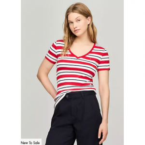 女士V领条纹T恤，多色选