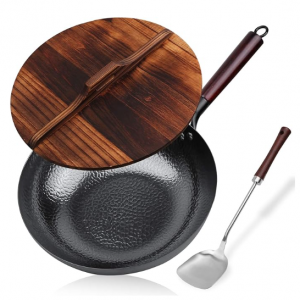 KYTD Carbon Steel Wok, Stir Fry Pan Flat Bottom Pan, Iron Wok with lid (12.5 Inch) @ Amazon