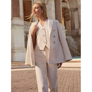 條紋棉麻雙排扣西裝外套