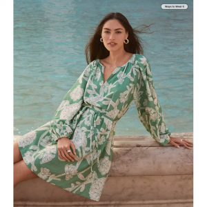 花卉紐扣袖迷你連衣裙