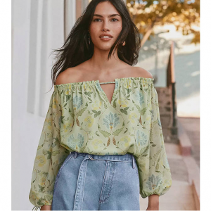 LOFT Floral Tie Cuff Off The Shoulder Blouse