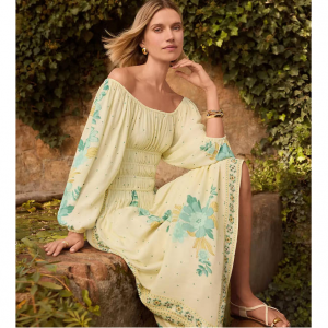 LOFT Border Floral Smocked Waist Midi Dress