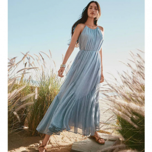 LOFT Striped Flounce Maxi Halter Dress