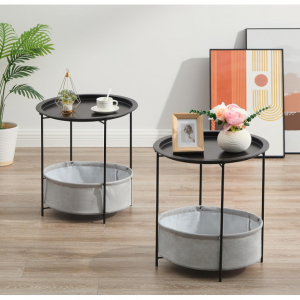 VECELO Round Side/End Table with Fabric Storage Basket, Black /2pcs with Basket @ Amazon