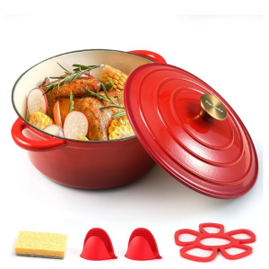 Parmedu 5.5 QT Enameled Cast Iron Dutch Oven – Red Heavy-Duty Pot with Lid & Dual Handles @ Amazon