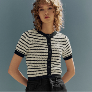 条纹圆领针织开衫