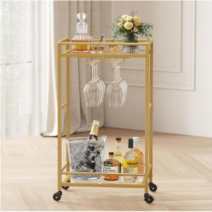 Lifewit Bar Cart Gold - Home Serving Bar Cart with Lockable Wheels and 2 Tier Glass Shelves@Amazon