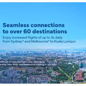 Enjoy increased flights of up to 3x daily from Sydney and Melbourne to Kuala Lumpur 