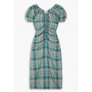 GANNI Ruched checked 泡泡纱中长连衣裙