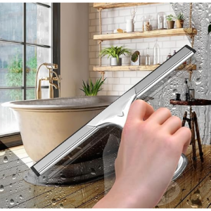 OVSGTTZ All-Purpose Stainless Steel Shower Squeegee for Glass Doors with 2 Adhesive Hooks @ Amazon