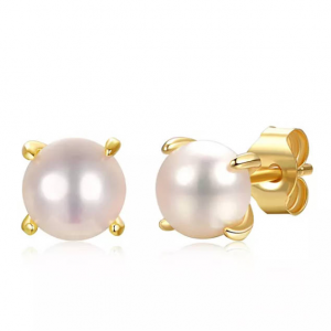 Genevive 14k 镀金圆形珍珠纯银耳钉