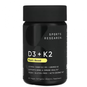 Sports Research, D3 + K2, Plant Based, 125 mcg/100 mcg, 60 Veggie Softgels