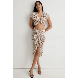 抽象花卉图案双层纱布系带短款上衣