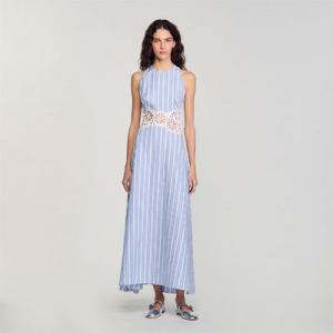 蕾丝条纹长连衣裙