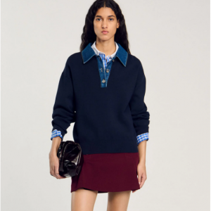 牛仔拼接polo卫衣