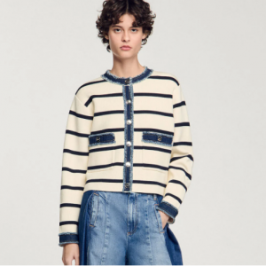牛仔拼接条纹针织衫