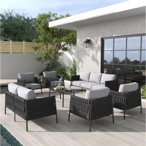 LayinSun 7-Piece Modern Woven Rope Outdoor Furniture Set with Oval Table