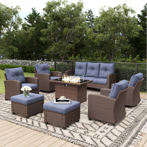 LayinSun 8 Pieces Traditional Patio Furniture Set with Wicker Swivel Chairs & Fire Pit Table