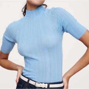 Ribbed Merino Mock-Neck Elbow-Sleeve Sweater